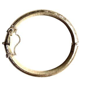 Vintage Trifari Brushed Silver Tone Hinged Bangle Bracelet w Safety Chain